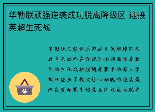 华勒联顽强逆袭成功脱离降级区 迎接英超生死战